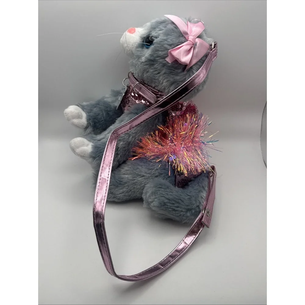 Poochie & Co Gray Plush Kitty Purse w/Strap Pink Sequined TuTu Collar & Tag Zip